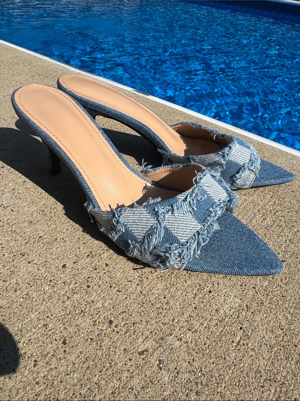 Frayed Denim Pointed-Toe Mule Sandals in Light Blue